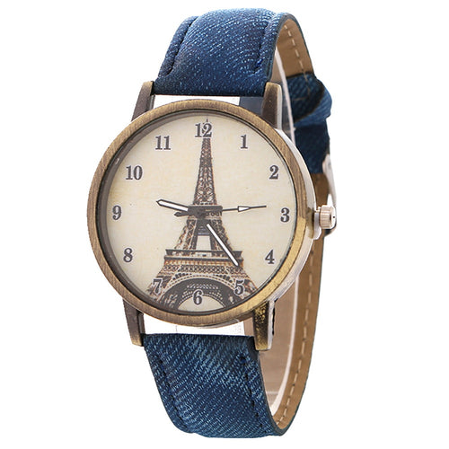 luxury designer Eiffel tower-patterned women's watch bronze vintage denim band  watches women fashion watch 2018