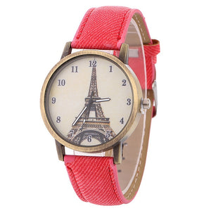 luxury designer Eiffel tower-patterned women's watch bronze vintage denim band  watches women fashion watch 2018