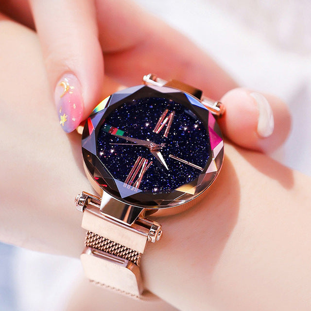 Women Watches Rose Gold Stardust Starry Sky Luxury Magnet Mesh