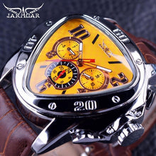 Load image into Gallery viewer, Jaragar Sport Fashion Design Geometric Triangle Case Brown Leather Strap 3 Dial Men Watch Top Brand Luxury Automatic Watch Clock